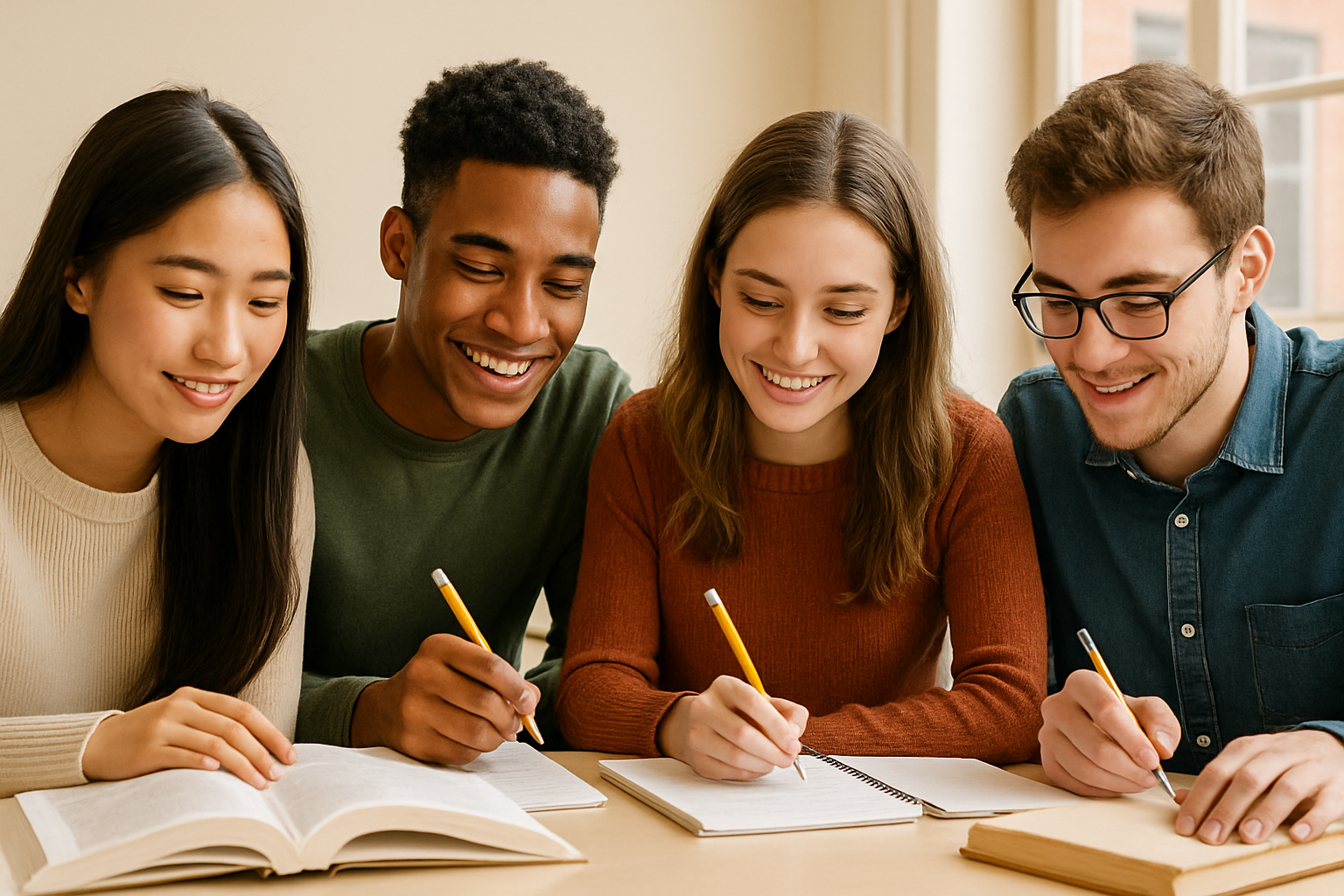 Estudiantes practicando juntos con materiales de estudio