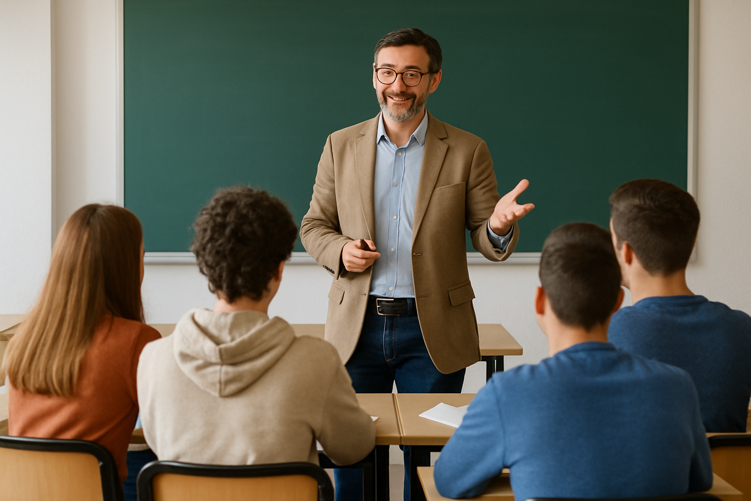 Profesor explicando en clase presencial con estudiantes atentos